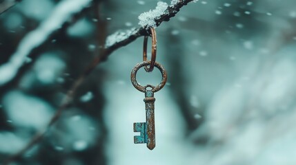 Fototapeta premium Rusty key dangles from a branch in a serene winter wonderland scene illuminated by gentle snowfall