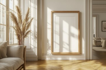 Fototapeta premium Cozy living room with framed art and sunlight.