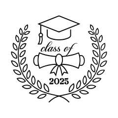 Graduate class of 2025 logo with diploma, laurel wreath and graduation cap vector on white background.
