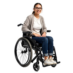 A smiling woman sitting in wheelchair isolated on transparent png background