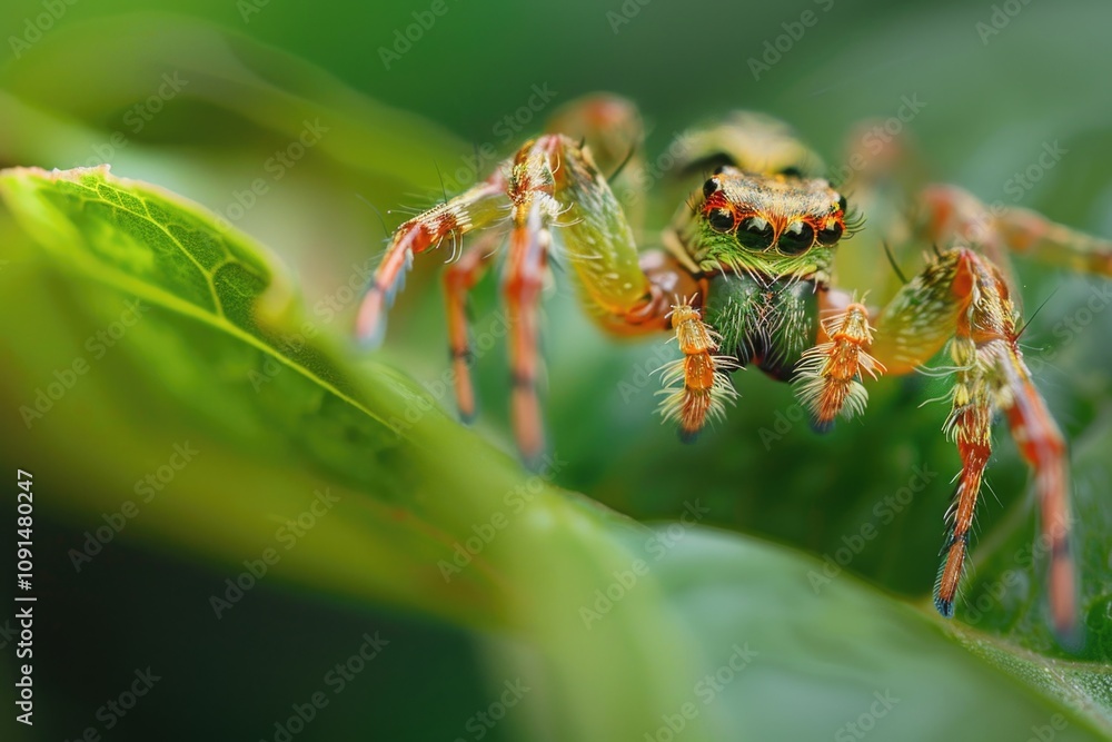 Poster a macro shot of a spider on a leaf, highlighting its tiny details