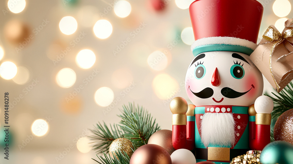 Poster a charming nutcracker figure stands amidst shiny ornaments and lush greenery, creating a festive atm