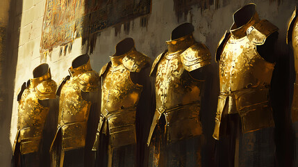 Golden armor hanging on the walls of a medieval armory, each piece reflecting the light, telling stories of battles fought long ago. Ancient Warrior Tapestry. Illustration