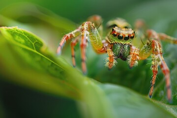 A macro shot of a spider on a leaf, highlighting its tiny details