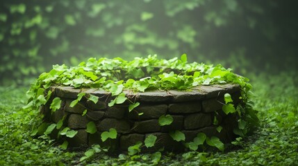 Obraz premium Ancient stone well surrounded by lush green ivy in a misty forest during twilight