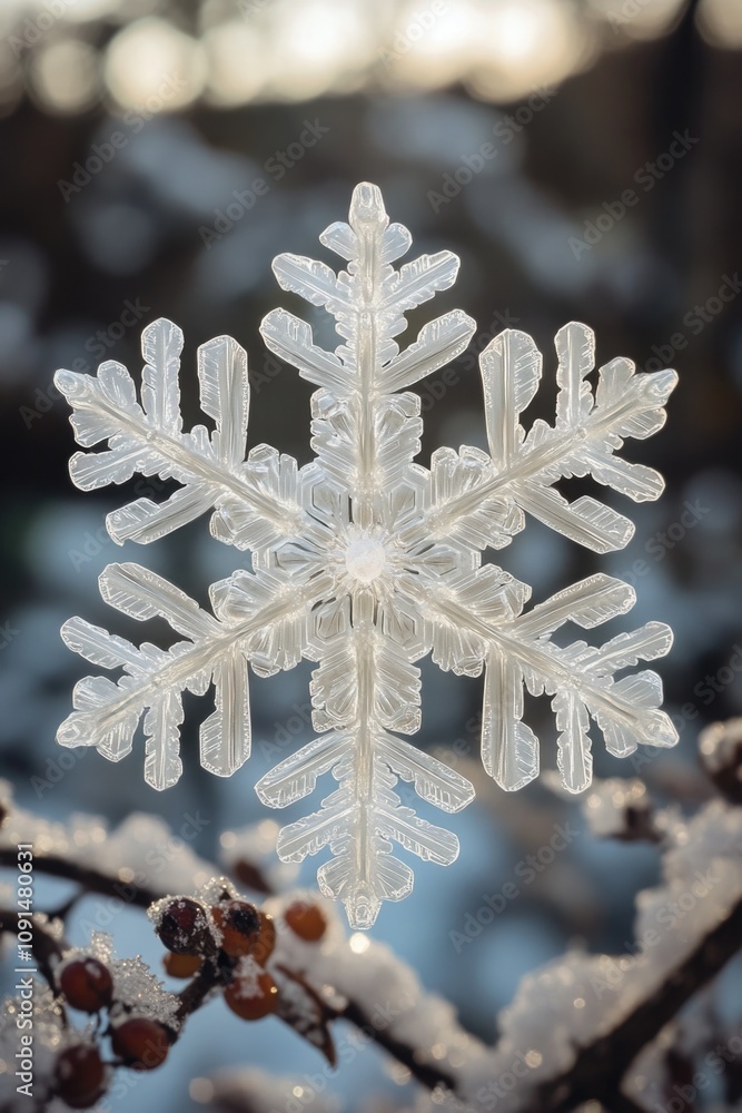 Aufkleber a detailed view of a delicate snowflake on a tree branch, perfect for winter-themed designs and proj