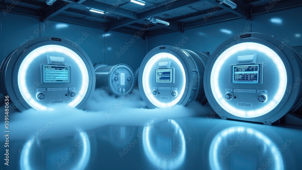 Poster futuristic laboratory with advanced storage units emitting glowing light and fog in a modern science