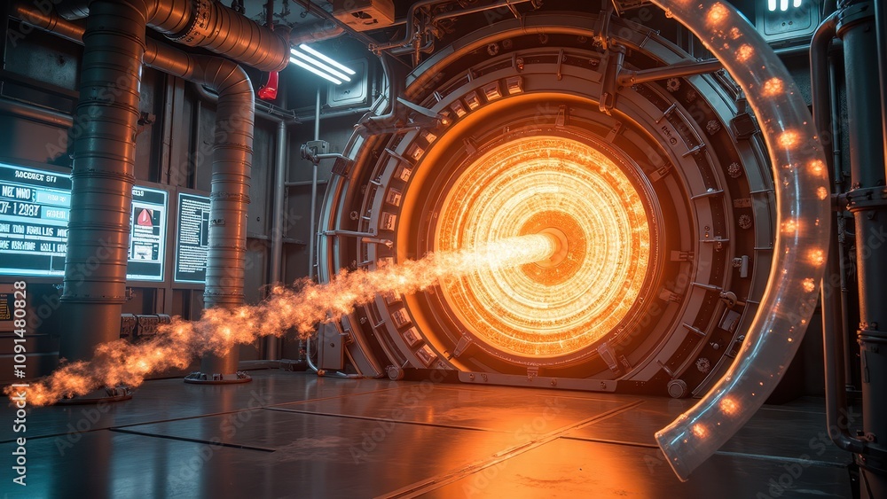 Poster futuristic power conversion lab featuring a vibrant energy portal with dynamic flames and advanced t