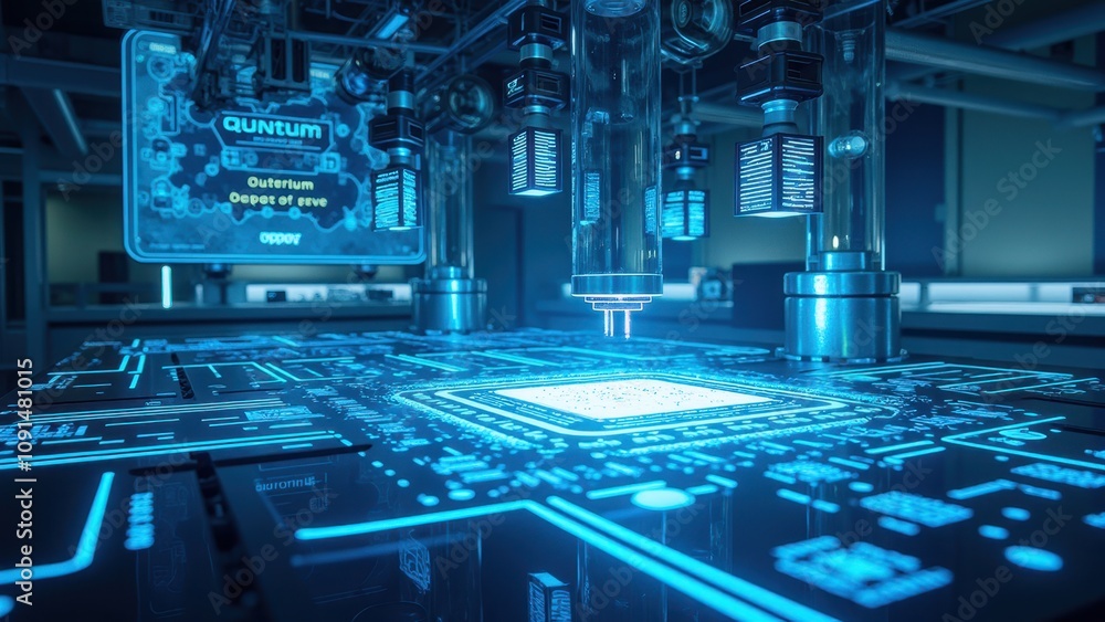 Poster futuristic quantum technology laboratory with advanced machinery in a high-tech environment showcasi