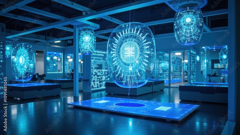Poster futuristic quantum technology laboratory with advanced visualizations and transparent spheres for re