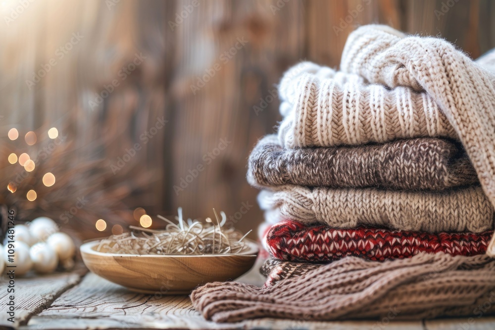 Poster a stack of sweaters resting on a rustic wooden surface