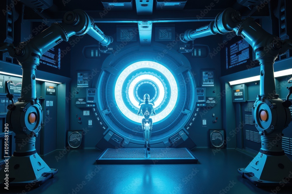 Poster futuristic research laboratory featuring a human-like robot in a high-tech environment with advanced