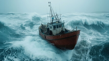 A small fishing boat battles through rough seas, showcasing a determined fisherman and various fishing equipment on board, highlighting the challenges of maritime life.