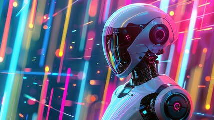 Fototapeta premium Futuristic robot in vibrant neon light, profile view.