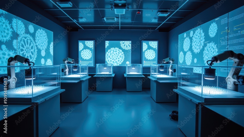 Poster high-tech laboratory featuring advanced nanostructure research with robotic arms and projected visua