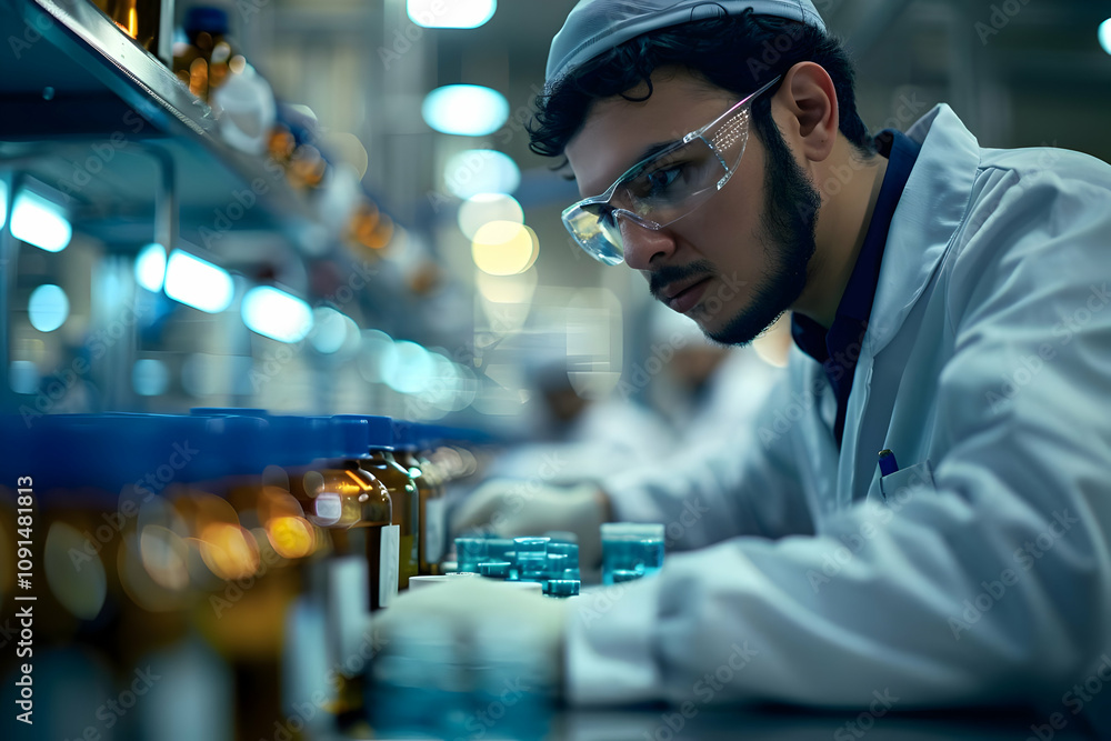 Poster focused scientist examining teal samples in a modern laboratory setting