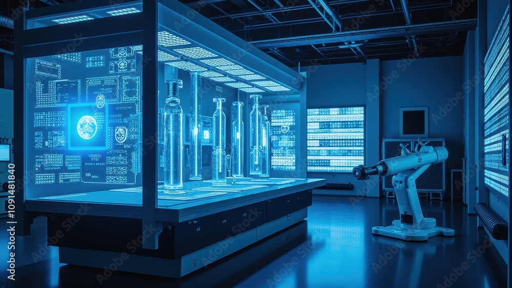 Poster high-tech quantum laboratory with advanced equipment and digital displays in a futuristic setting