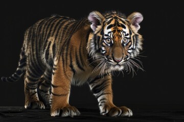 Obraz premium Close-up of a tiger's face on a dark surface, looking directly at the camera