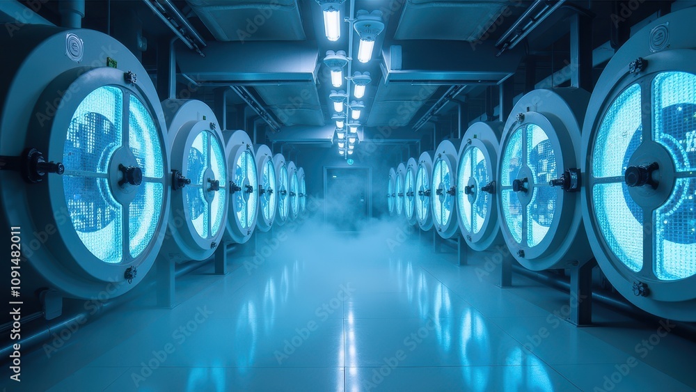 Poster high-tech storage environment with advanced cooling systems in a modern laboratory featuring bright 