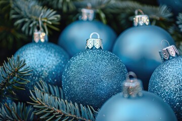 A cluster of small blue Christmas ornaments in a close-up shot, ideal for decorating ideas or holiday-themed designs