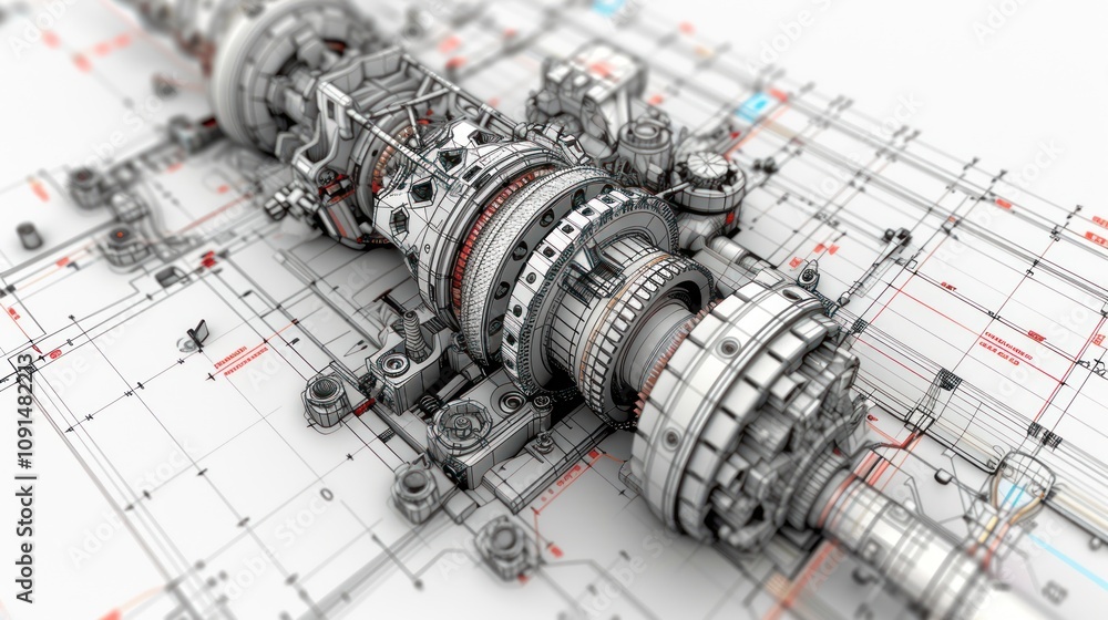Poster detailed technical blueprint of a complex machine or engine.