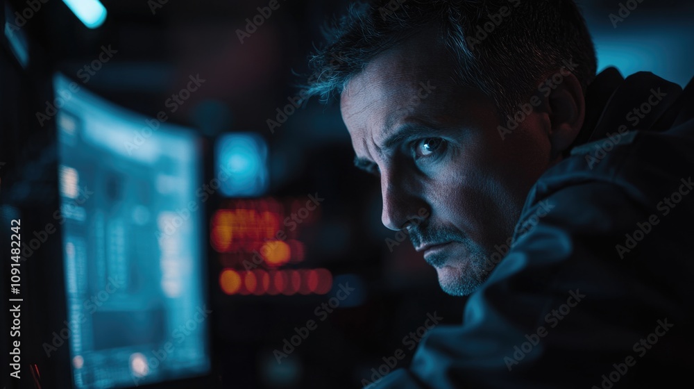 Aufkleber A person examining a computer screen in a dimly lit environment