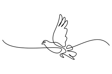 Flying bird in continuous line art drawing style. Pigeon in flight  black linear design isolated on white background. Vector illustration