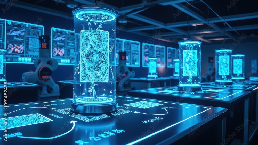 Poster innovative quantum technology laboratory with futuristic displays and holographic projections in a h