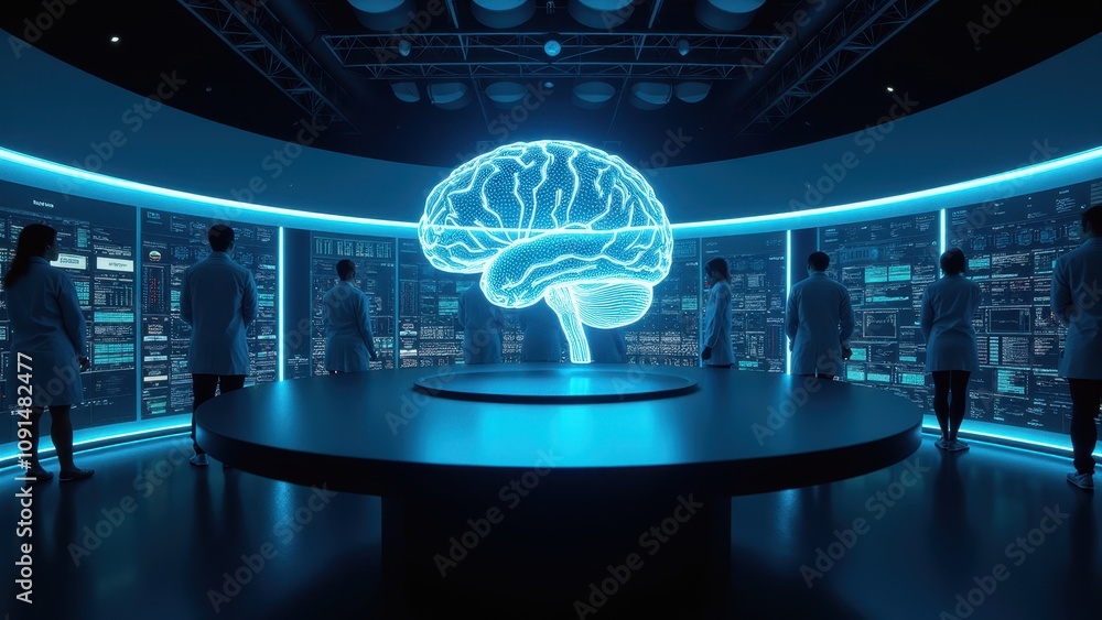 Aufkleber innovative research center featuring advanced technology and data analysis with a neon brain visuali