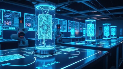 Innovative Quantum Technology Laboratory with Futuristic Displays and Holographic Projections in a High-Tech Environment for Research and Development