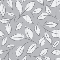 Neutral textured mid-century modern leaves seamless pattern backdrop. Elegant hand-drawn paint brush style relaxed foliage backdrop in minimalistic linear style. Botanical leaf repeat with texture.