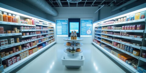 Innovative Smart Grocery Store Interior Featuring Organized Shelves and Display with Various Products Promoting a Modern Shopping Experience