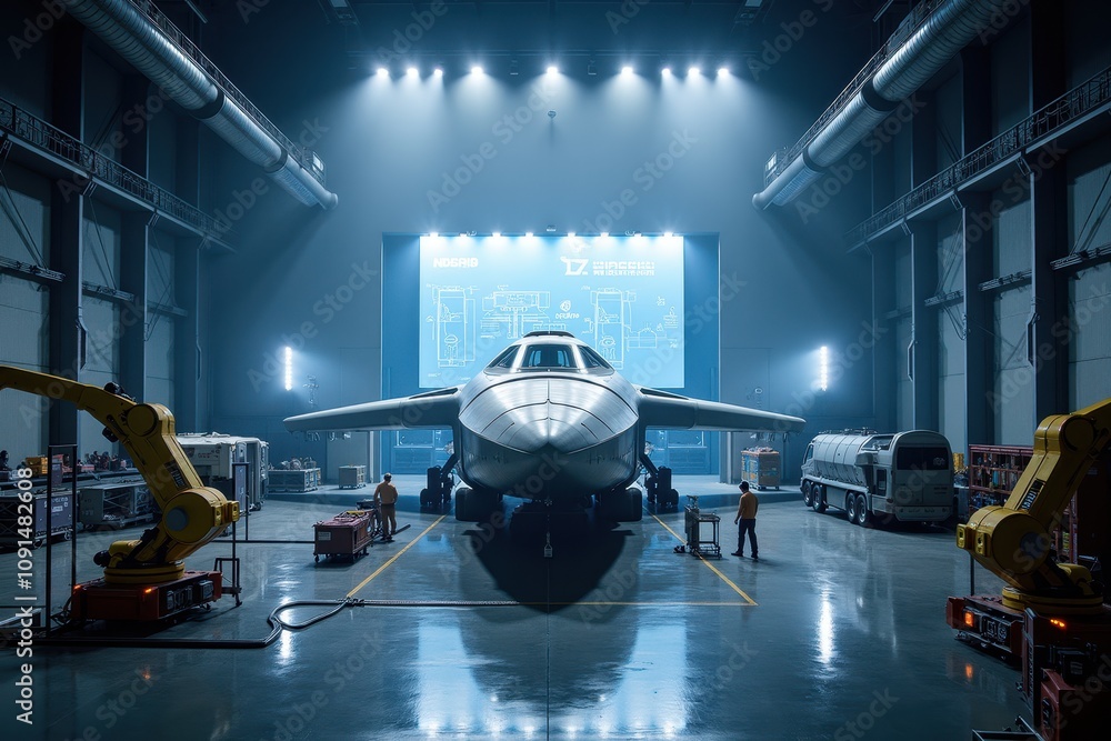 Poster modern aircraft assembly hangar with advanced robotics and blueprint display, featuring a sleek jet 