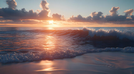 Golden Hour Waves Crashing on the Sandy Shore with a Vibrant Sunset Sky