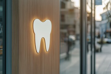 Dental clinic sign illuminated at sunset in an urban setting