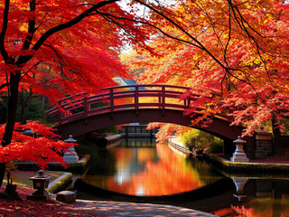 A picturesque bridge spans a river, framed by vibrant autumn trees in shades of orange, red, and yellow.