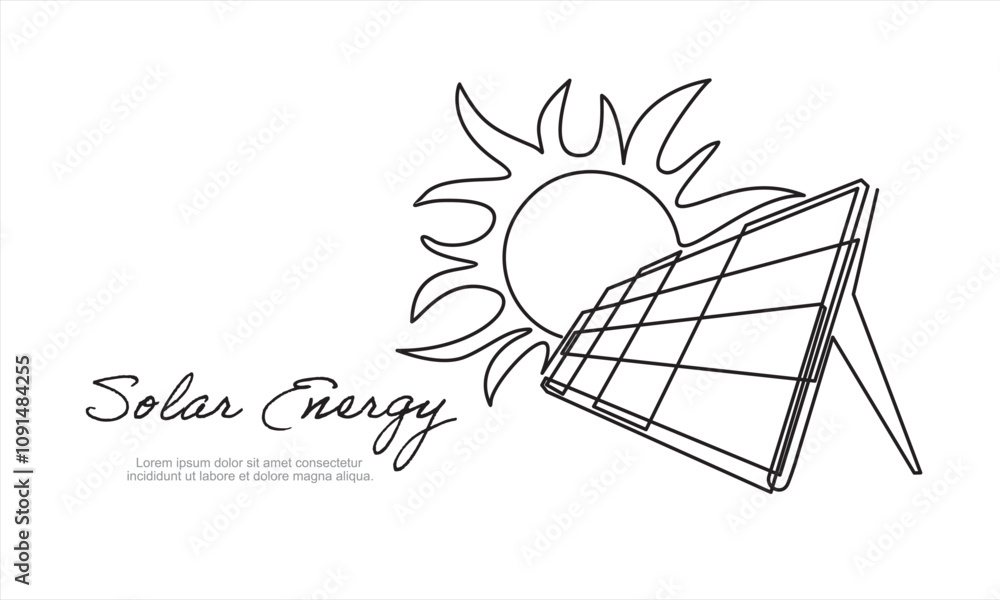 Poster one continuous line drawing of solar panel with sun. green clean energy and renewable resources in s