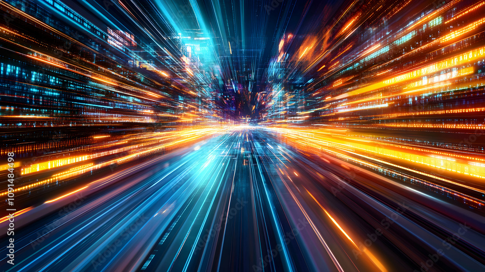 Poster abstract digital cityscape with glowing lines and binary code - 3d illustration