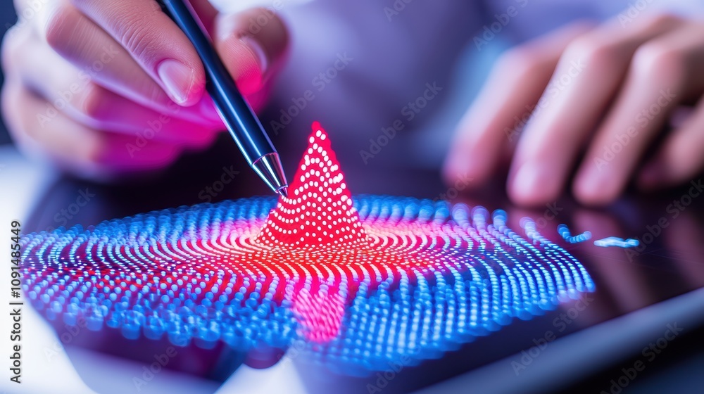 Poster a close-up of a hand using a stylus on a tablet, creating a vibrant digital design