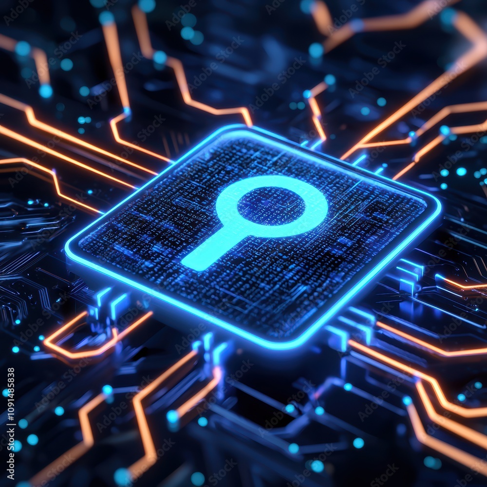 Poster a close-up view of a glowing digital key icon on a circuit board, symbolizing cybersecurity and data