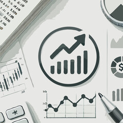 Financial growth chart showing progress and analysis with office supplies on a table