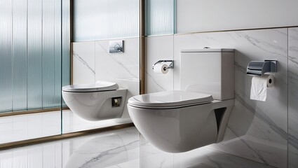 Fototapeta premium A minimalist white bathroom features modern wall-mounted toilets with sleek design, reflecting purity and cleanliness in contemporary architectural style.