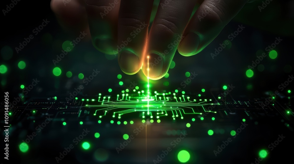 Aufkleber a close-up view of a hand hovering over a circuit board illuminated by green lights. this artistic p