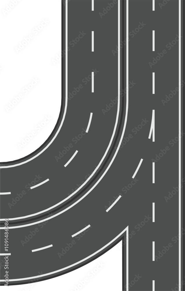Poster winding road merging into a straight highway, creating a dynamic composition that evokes concepts of