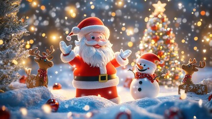 Fototapeta premium Joyful scene with Santa, snowman, and Christmas cheer.