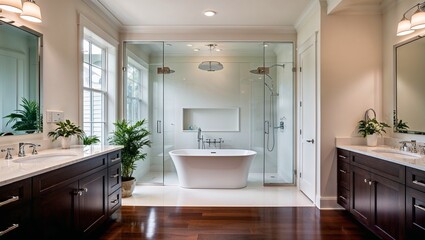 A bright and airy bathroom showcases a freestanding tub bordered by large, clear glass shower walls, complemented by greenery and elegant wood cabinetry for a refreshing ambiance.