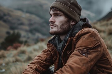 Obraz premium A person wearing a brown jacket and hat, suitable for use in outdoor or everyday scenes