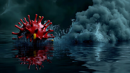 Fototapeta premium 3D Render: Virus Impacting Water, Dark Smoke Background, Realistic Digital Art