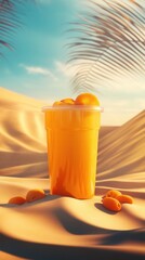 Refreshing orange drink in desert setting.