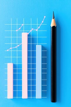 A colorful bar graph on a blue background, depicting financial growth and trends. A black pencil rests beside the chart, ready for notes and analysis.